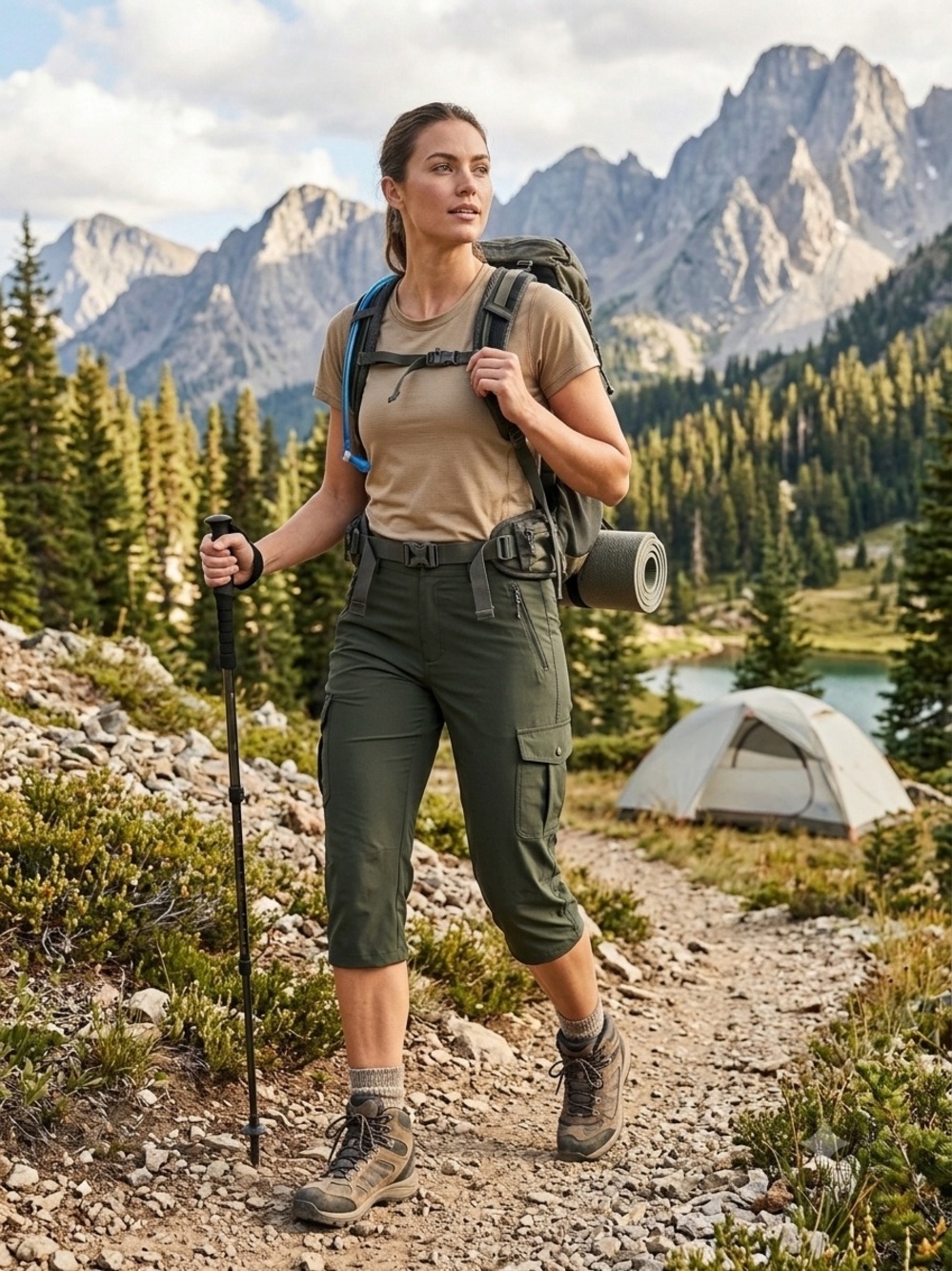REI Women's Stretch Nylon Pants in Olive Green Gray, Capri Cargo Hiking, Size 6